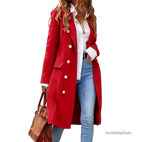 Long Wool Trench Coat Double Breasted Knee Length Pea Coat